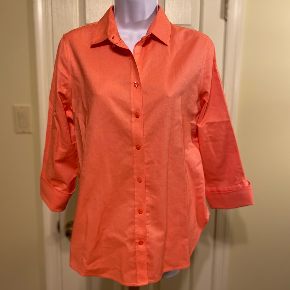 Chicos - Woman’s orange button-down non/iron shirt, Size: 4 = Chicos 0